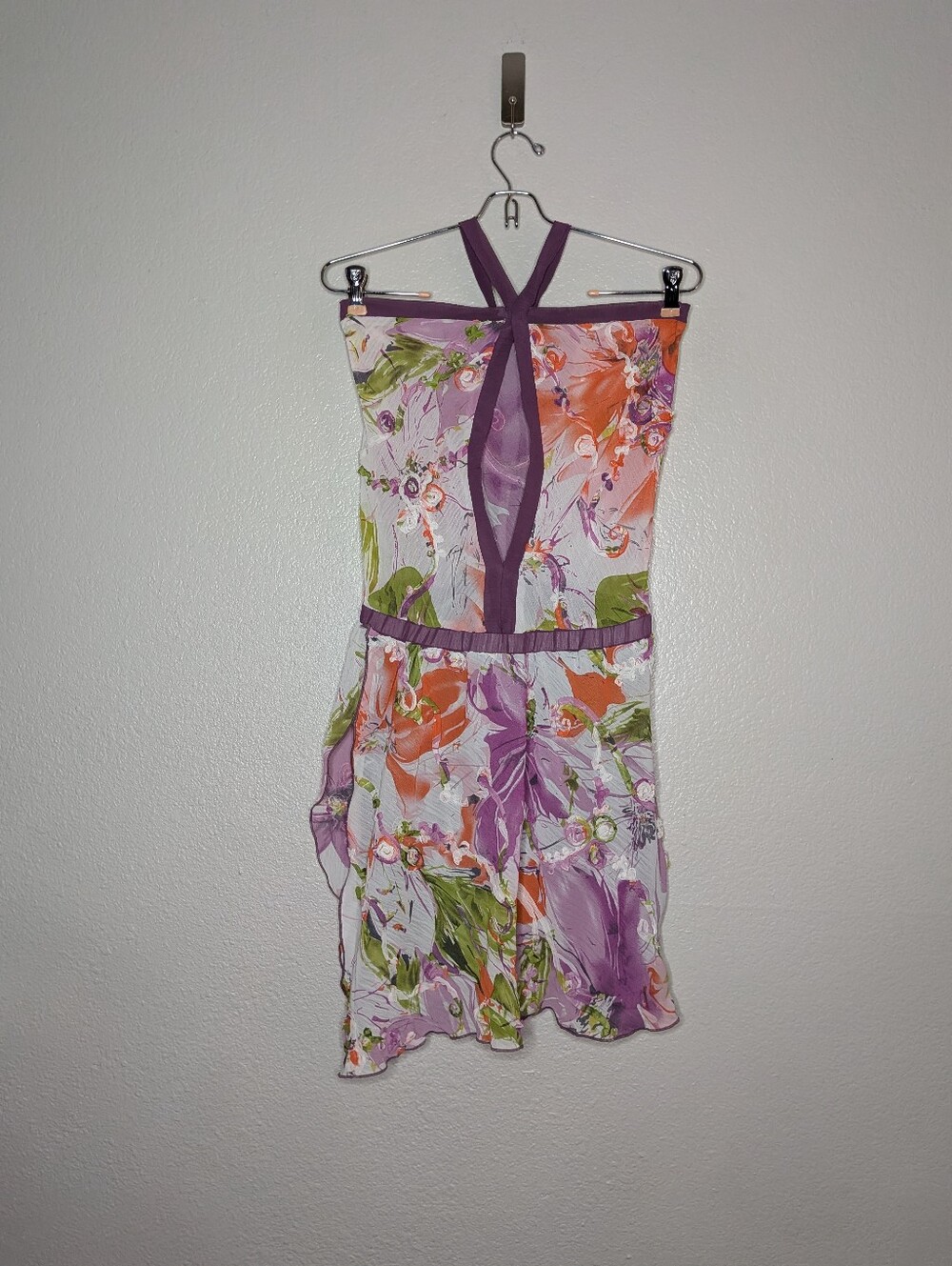 Floral Sheer Textured Silk Halter Fairycore Asymetrical Mini Dress Purple S